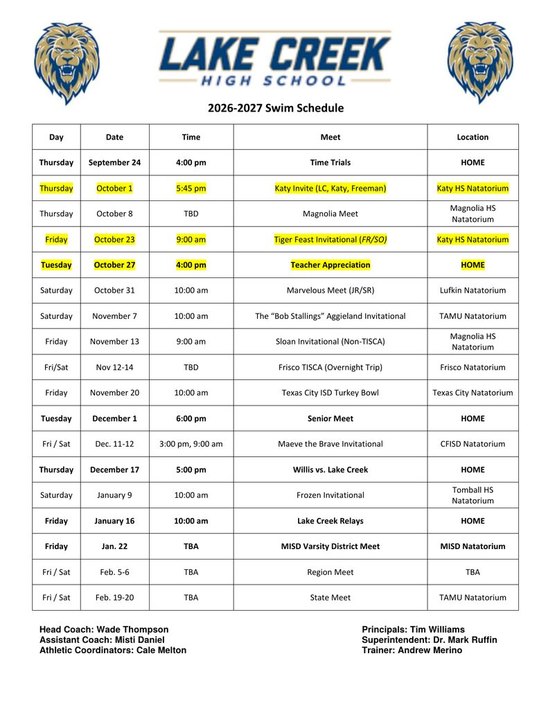Swim Schedule 2026-2027